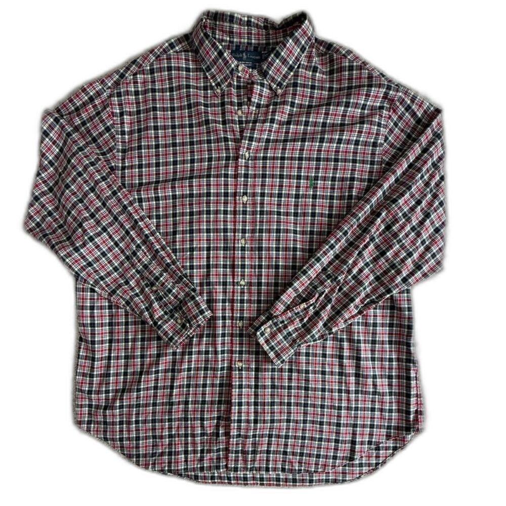 Ralph Lauren 4XLT Big Tall Plaid Button Down Shirt Red Navy Green Cream Plaid